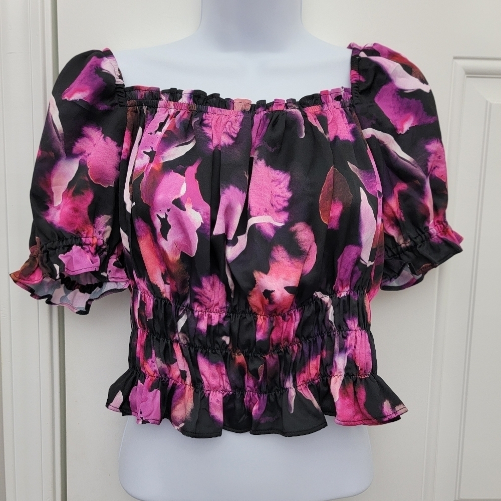 NWT Bar III Macy's Black Purple Floral Puff Sleeve Cropped Blouse Size Small